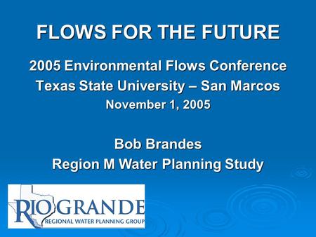 FLOWS FOR THE FUTURE 2005 Environmental Flows Conference Texas State University – San Marcos November 1, 2005 Bob Brandes Region M Water Planning Study.