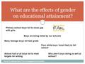 What are the effects of gender on educational attainment? Primary school boys fail to close gap with girls Boys are being failed by our schools Many teenage.