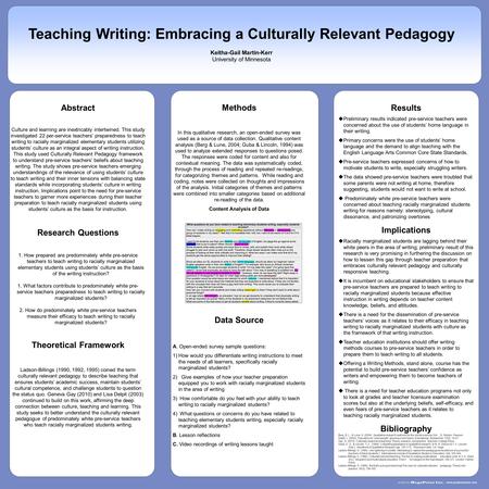 Www.postersession.com Abstract Culture and learning are inextricably intertwined. This study investigated 22 per-service teachers’ preparedness to teach.