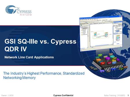 Owner : LUOS Cypress Confidential Sales Training 3/13/2013 1 The Industry’s Highest Performance, Standardized Networking Memory GSI SQ-IIIe vs. Cypress.