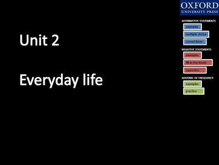 AFFIRMATIVE STATEMENTS examples correct form multiple choice NEGATIVE STATEMENTS examples fill-in-the-blank opposites ADVERBS OF FREQUENCY practice examples.