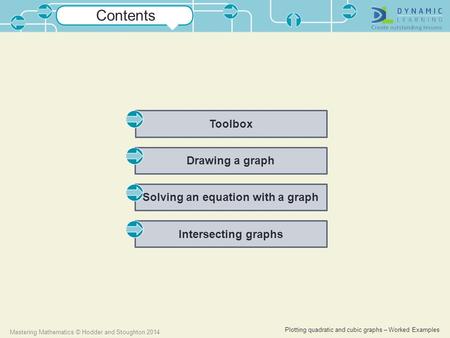 Plotting quadratic and cubic graphs – Worked Examples Mastering Mathematics © Hodder and Stoughton 2014 Toolbox Drawing a graph Solving an equation with.