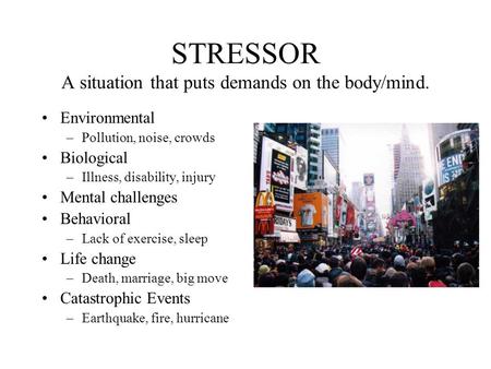 STRESSOR A situation that puts demands on the body/mind. Environmental –Pollution, noise, crowds Biological –Illness, disability, injury Mental challenges.