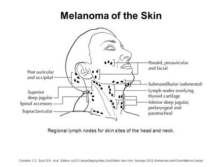 Melanoma of the Skin Regional lymph nodes for skin sites of the head and neck. Compton, C.C., Byrd, D.R., et al., Editors. AJCC CancerStaging Atlas, 2nd.