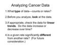 Analyzing Cancer Data 1.What type of data—counts or rates? 2.Before you analyze, look at the data. 3.If appropriate, check the data for linear trends.