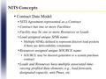 NITS Concepts  Contract Data Model: NITS Agreement represented as a Contract Contract has one or more Facilities Facility may be one or more Resources.