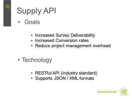 Supply API Goals Increased Survey Deliverability Increased Conversion rates Reduce project management overhead Technology RESTful API (industry standard)