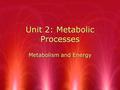 Unit 2: Metabolic Processes Metabolism and Energy.