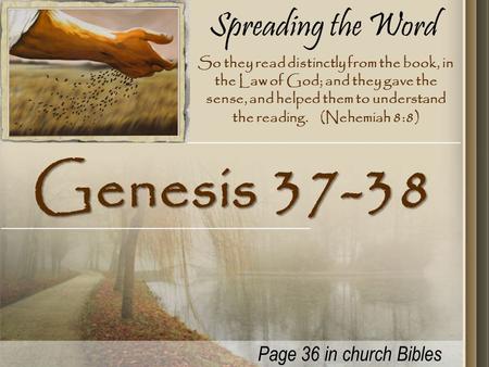 Spreading the Word Genesis 37-38 So they read distinctly from the book, in the Law of God; and they gave the sense, and helped them to understand the reading.