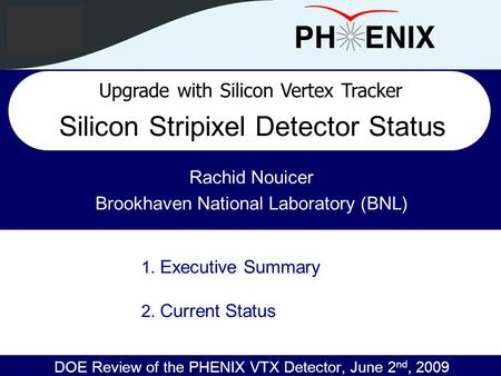 Silicon Stripixel Detector Status Rachid Nouicer Brookhaven National Laboratory (BNL) DOE Review of the PHENIX VTX Detector, June 2 nd, 2009 1. Executive.