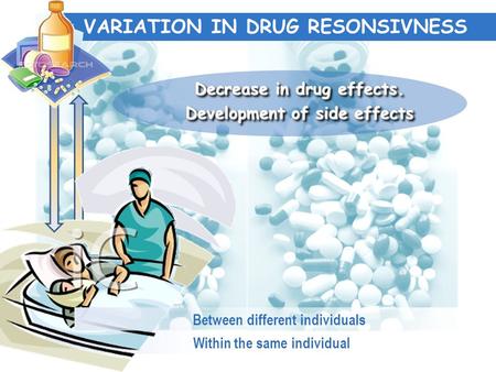 Within the same individual VARIATION IN DRUG RESONSIVNESS Between different individuals Decrease in drug effects. Development of side effects Decrease.