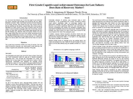 Objective The current study examined whether the timing of recovery from late onset of productive vocabulary (e.g., either earlier or later blooming) was.