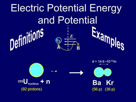 Electric Potential Energy and Potential 235 U nucleus + n (92 protons) BaKr (56 p) (36 p) d = 14.6 10 -15 m A B q 0 E.