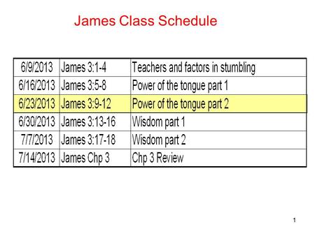 1 James Class Schedule. 2 James 3:9 -12 Power of the tongue part 2 9 With it we bless our Lord and Father, and with it we curse men, who have been made.