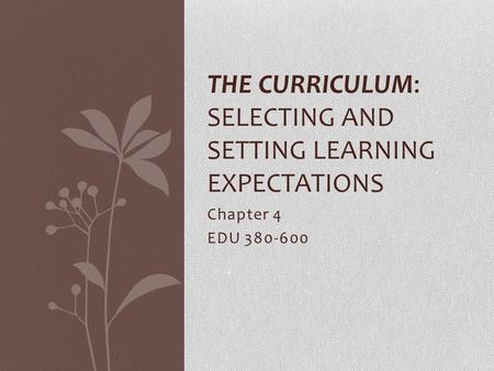 Chapter 4 EDU 380-600 THE CURRICULUM: SELECTING AND SETTING LEARNING EXPECTATIONS.