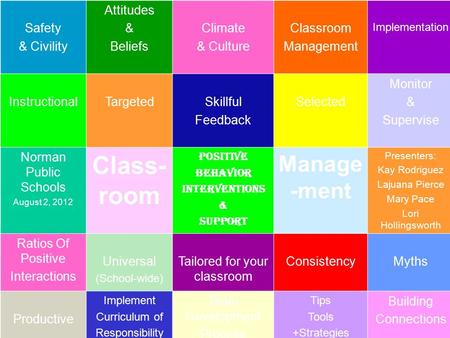 Safety & Civility Attitudes & Beliefs Climate & Culture Classroom Management Implementation InstructionalTargetedSkillful Feedback Selected Monitor & Supervise.