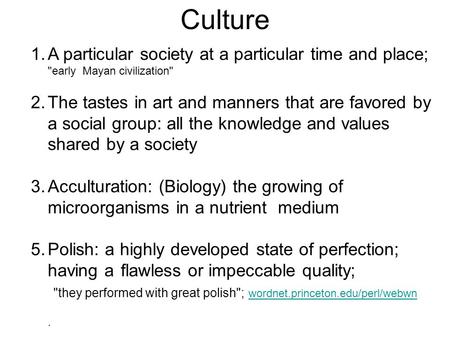 1.A particular society at a particular time and place; early Mayan civilization 2.The tastes in art and manners that are favored by a social group: all.