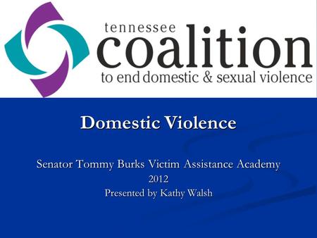 Domestic Violence Senator Tommy Burks Victim Assistance Academy 2012 Presented by Kathy Walsh.