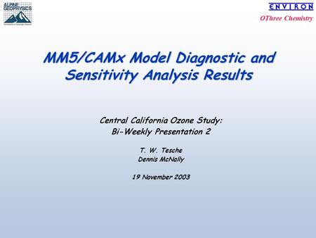 OThree Chemistry MM5/CAMx Model Diagnostic and Sensitivity Analysis Results Central California Ozone Study: Bi-Weekly Presentation 2 T. W. Tesche Dennis.