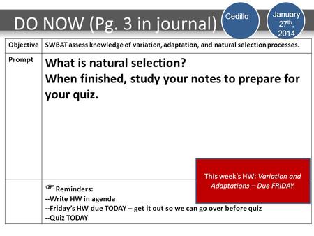 DO NOW (Pg. 3 in journal) ObjectiveSWBAT assess knowledge of variation, adaptation, and natural selection processes. Prompt What is natural selection?