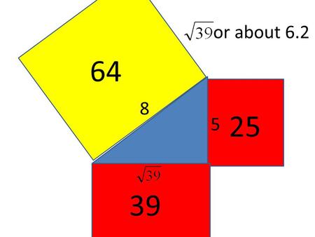 8 5 64 25 39 or about 6.2. Find the exact length of the missing side of each right triangle. Also find a decimal estimate of any irrational length. 5.