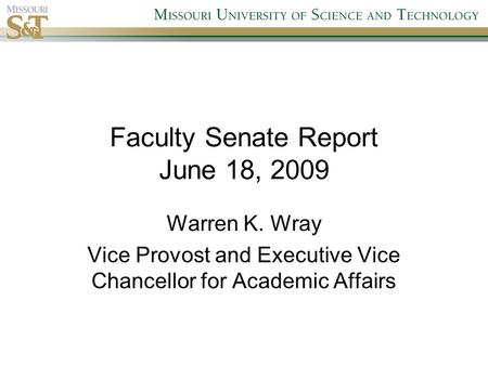 Faculty Senate Report June 18, 2009 Warren K. Wray Vice Provost and Executive Vice Chancellor for Academic Affairs.