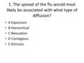 1. The spread of the flu would most likely be associated with what type of diffusion? A Expansion B Hierarchical C Relocation D Contagious E Stimulus.