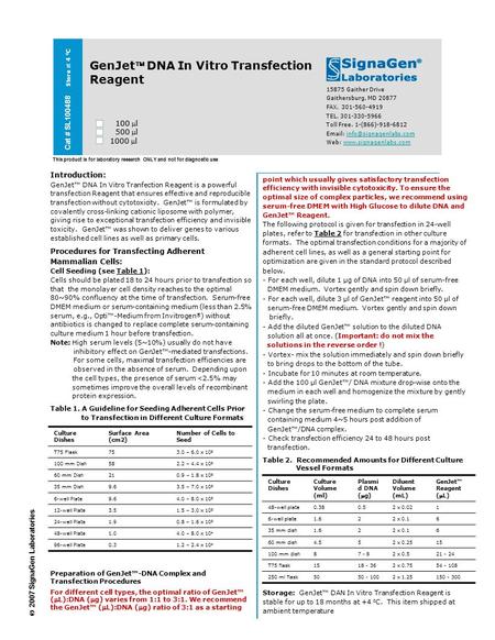 Cat # SL100488 Store at 4 0 C GenJet DNA In Vitro Transfection Reagent 100 l 500 l 1000 l 15875 Gaither Drive Gaithersburg, MD 20877 FAX. 301-560-4919.