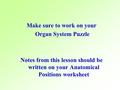 Make sure to work on your Organ System Puzzle Notes from this lesson should be written on your Anatomical Positions worksheet.