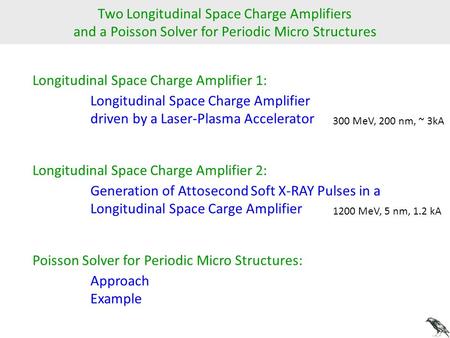 Two Longitudinal Space Charge Amplifiers and a Poisson Solver for Periodic Micro Structures Longitudinal Space Charge Amplifier 1: Longitudinal Space Charge.