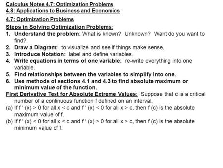 Steps in Solving Optimization Problems: