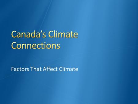 Factors That Affect Climate. Latitude Ocean currents Winds and Air masses Elevation Relief Near Water.