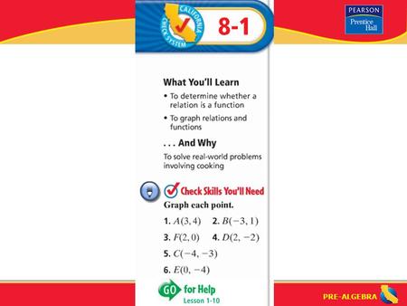 PRE-ALGEBRA. Lesson 8-1 Warm-Up PRE-ALGEBRA Relations and Functions (8-1) What is a relation? What is the “domain” of a relation? What is the “range”