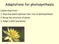 Adaptations for photosynthesis Lesson objectives :- 1.Know how plants optimise their rate of photosynthesis 2.Recap the structure of plants 3.Adapt a plant.