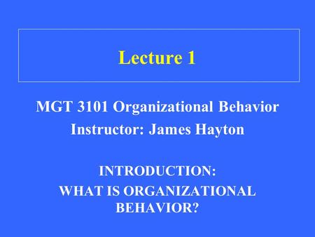 Lecture 1 MGT 3101 Organizational Behavior Instructor: James Hayton INTRODUCTION: WHAT IS ORGANIZATIONAL BEHAVIOR?