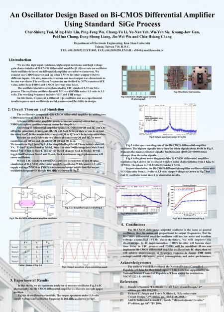 An Oscillator Design Based on Bi-CMOS Differential Amplifier Using Standard SiGe Process Cher-Shiung Tsai, Ming-Hsin Lin, Ping-Feng Wu, Chang-Yu Li, Yu-Nan.