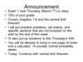 Exam 1 next Thursday (March 7 th ) in class 15% of your grade Covers chapters 1-6 and the central limit theorem I will put practice problems, old exams,