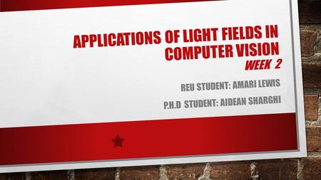 APPLICATIONS OF LIGHT FIELDS IN COMPUTER VISION WEEK 2 REU STUDENT: AMARI LEWIS P.H.D STUDENT: AIDEAN SHARGHI.