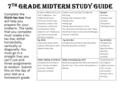 7 th Grade Midterm Study Guide Complete the think-tac-toe that will help you prepare for your midterm. The tasks that you complete must create a tic- tac-toe,