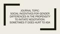 JOURNAL TOPIC: SOCIAL INCENTIVES FOR GENDER DIFFERENCES IN THE PROPENSITY TO INITIATE NEGOTIATION: SOMETIMES IT DOES HURT TO ASK.