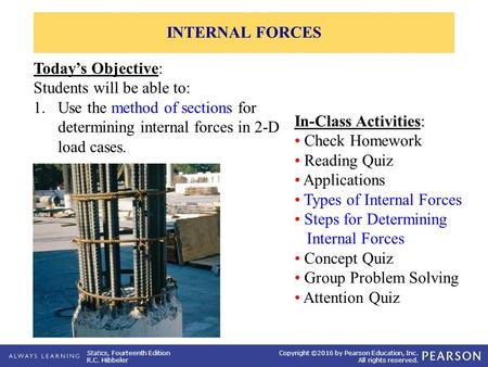 Statics, Fourteenth Edition R.C. Hibbeler Copyright ©2016 by Pearson Education, Inc. All rights reserved. In-Class Activities: Check Homework Reading Quiz.