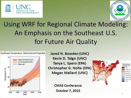 Using WRF for Regional Climate Modeling: An Emphasis on the Southeast U.S. for Future Air Quality Jared H. Bowden (UNC) Kevin D. Talgo (UNC) Tanya L. Spero.