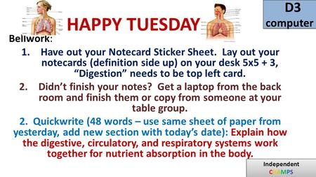 Bellwork: 1.Have out your Notecard Sticker Sheet. Lay out your notecards (definition side up) on your desk 5x5 + 3, “Digestion” needs to be top left card.