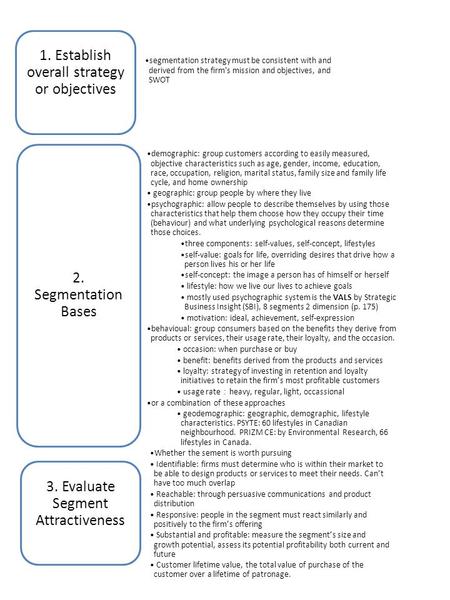 1. Establish overall strategy or objectives segmentation strategy must be consistent with and derived from the firm's mission and objectives, and SWOT.