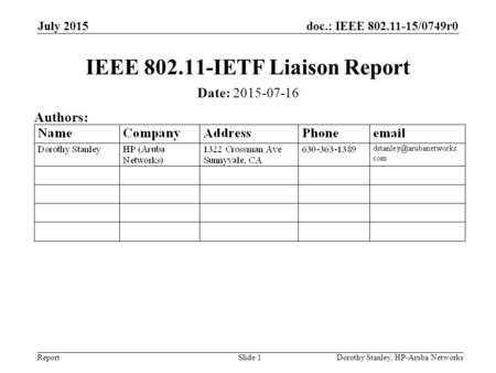 Doc.: IEEE 802.11-15/0749r0 Report July 2015 Dorothy Stanley, HP-Aruba NetworksSlide 1 IEEE 802.11-IETF Liaison Report Date: 2015-07-16 Authors: