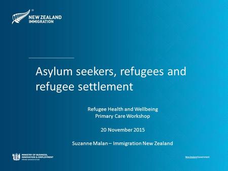 Asylum seekers, refugees and refugee settlement Refugee Health and Wellbeing Primary Care Workshop 20 November 2015 Suzanne Malan – Immigration New Zealand.