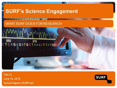 WHAT SURF DOES FOR RESEARCH SURF’s Science Engagement TNC15 June 18, 2015 Sylvia Kuijpers (SURFnet)