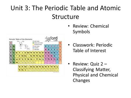 Unit 3: The Periodic Table and Atomic Structure Review: Chemical Symbols Classwork: Periodic Table of Interest Review: Quiz 2 – Classifying Matter, Physical.