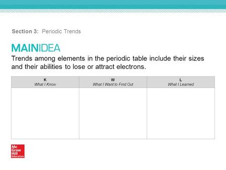 Trends among elements in the periodic table include their sizes and their abilities to lose or attract electrons. Section 3: Periodic Trends K What I Know.