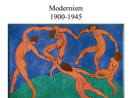 Modernism 1900-1945. Modernism was a reaction to Victorian culture, industrialization, urbanization, and World War I. Modernism represented a rejection.